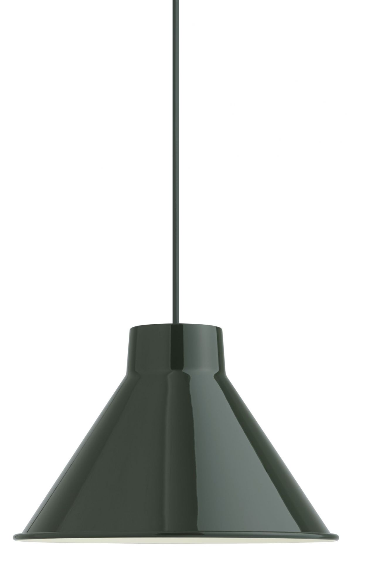 Nahaufnahme der Muuto Top Pendant Lamp Pendelleuchte in Dunkelgrün, minimalistisches Design für moderne Innenräume.